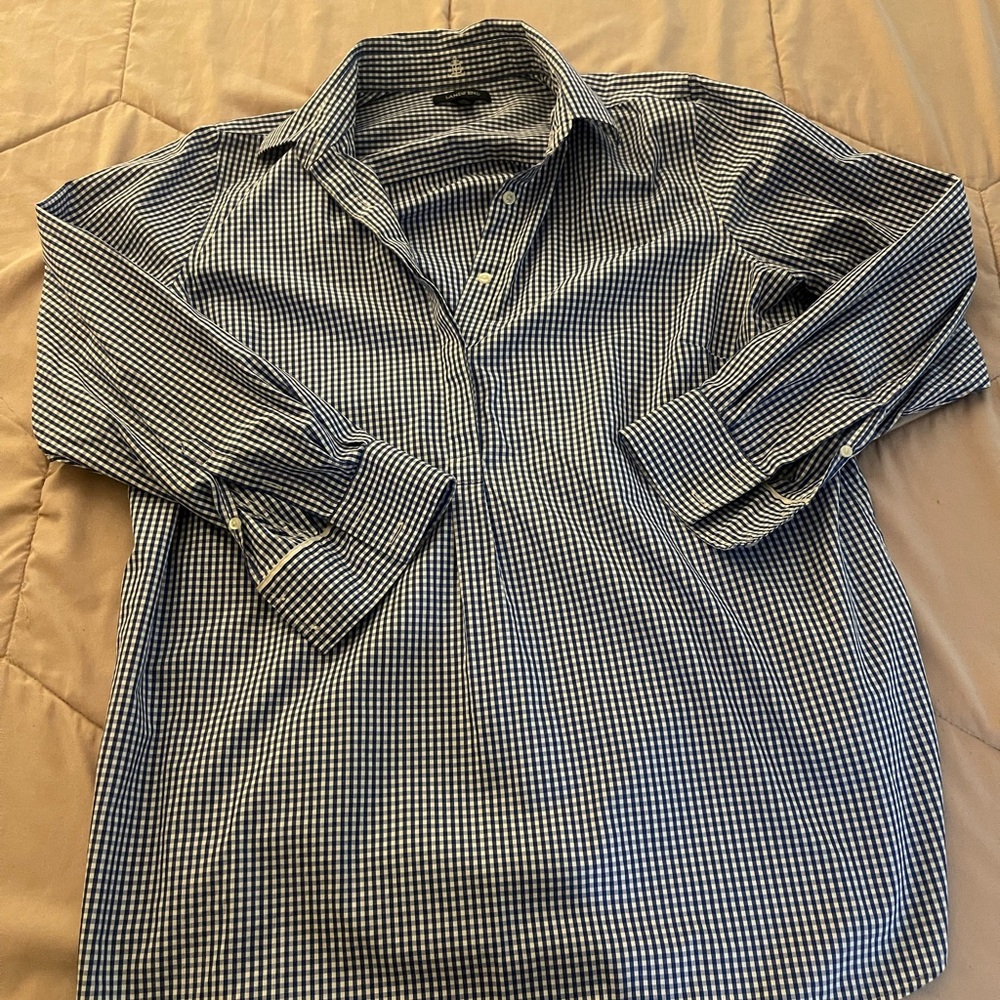 Lands' End Navy Checkered Button Down Shirt